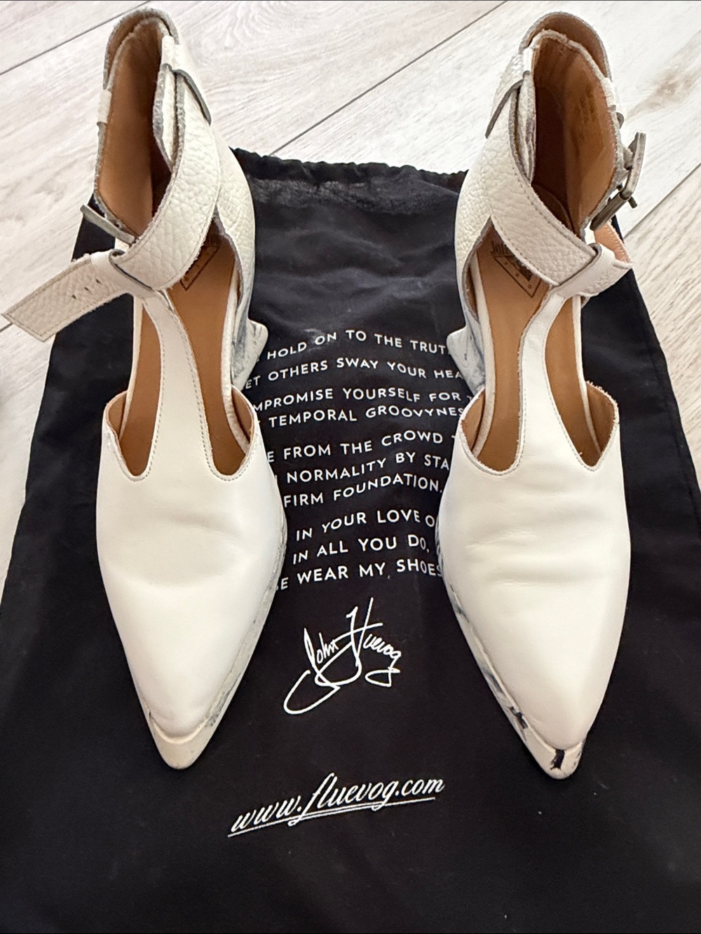 John Fluevog White Pointed Leather Ankle-Strap Heels
